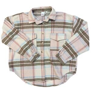 Barbie Brand Womens Plaid Flannel Button Up Shirt Jacket XL Pink Tan Blue